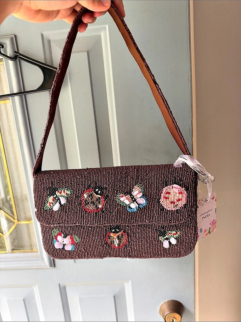 Anuschka Beaded Crossbody Bag in Brown & Pink NWT